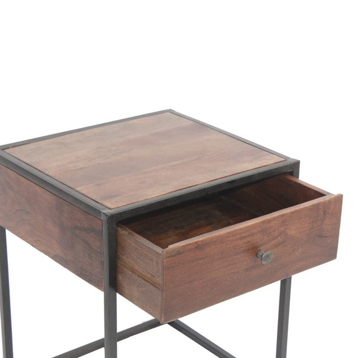 The Urban Port Wooden End Table/Night Stand With One Drawer, Brown & Black