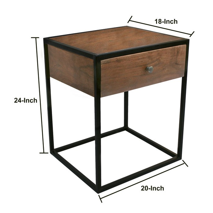 The Urban Port Wooden End Table/Night Stand With One Drawer, Brown & Black