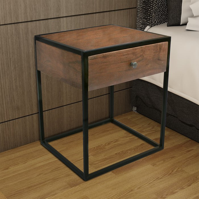 The Urban Port Wooden End Table/Night Stand With One Drawer, Brown & Black