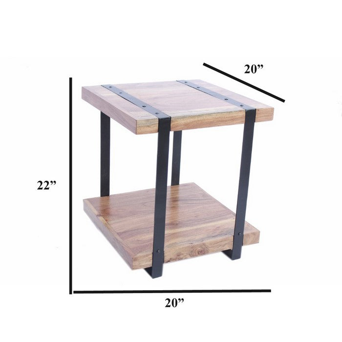 Wooden Square Top Side Table With A Lower Shelf, Natural Wood Brown And Black