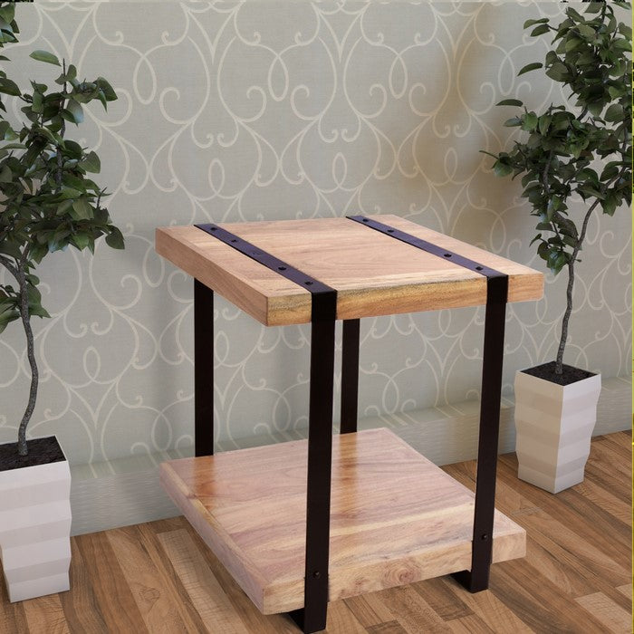 Wooden Square Top Side Table With A Lower Shelf, Natural Wood Brown And Black