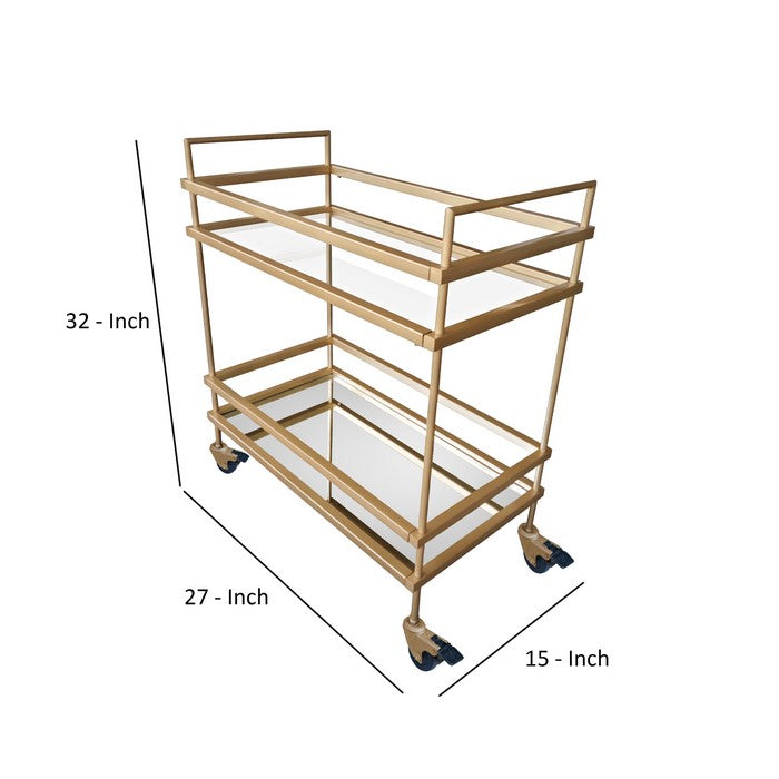 Modern Style Tubular Iron Bar Cart with 2 Mirrored Shelves, Gold