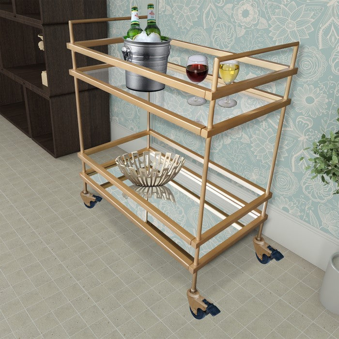 Modern Style Tubular Iron Bar Cart with 2 Mirrored Shelves, Gold
