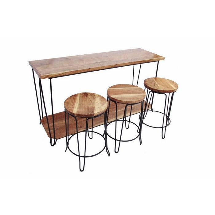 Rectangular Bar Dining Table With 3 Round Stools, Pack Of 4, Brown and Black
