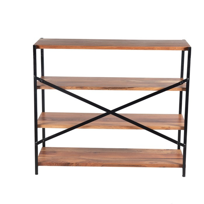 The Urban Port Industrial Design 4 Shelves Wood And Iron Bookshelf, Brown And Black