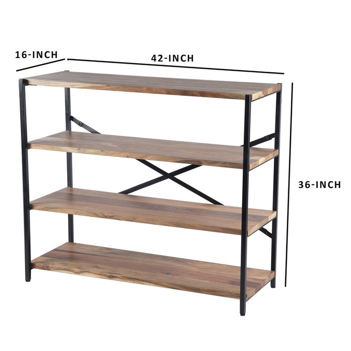 The Urban Port Industrial Design 4 Shelves Wood And Iron Bookshelf, Brown And Black