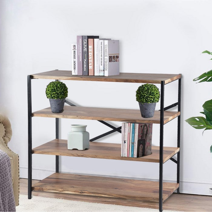 The Urban Port Industrial Design 4 Shelves Wood And Iron Bookshelf, Brown And Black