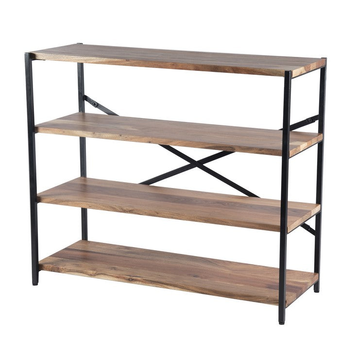 The Urban Port Industrial Design 4 Shelves Wood And Iron Bookshelf, Brown And Black