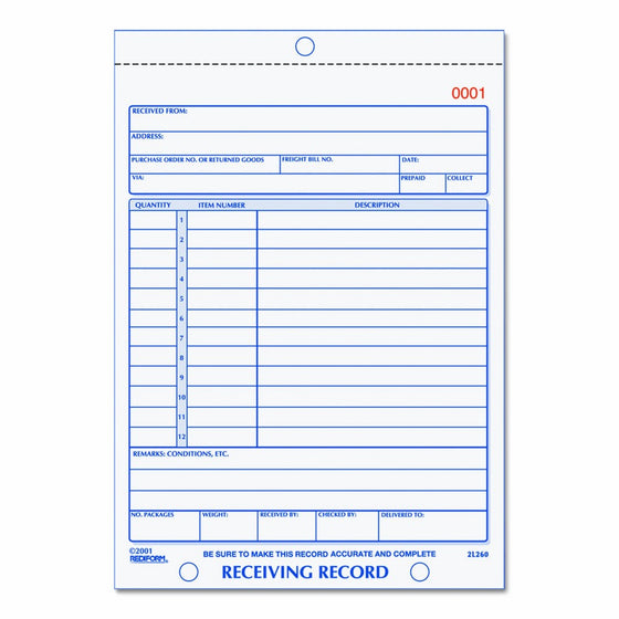 Rediform Receiving Record, Carbonless Triplicate, 5.5 x 7.5 Inches, 50 Sets per Book (2L260)