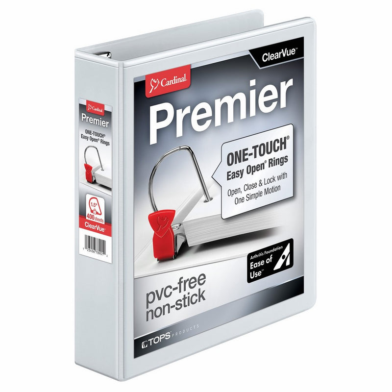 Cardinal Premier Easy Open 3-Ring Binder, 1.5", ONE-TOUCH Easy Open Locking Slant-D Rings, 400-Sheet Capacity, ClearVue Cover, PVC-Free, White (10310)