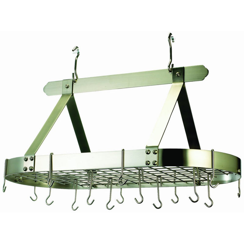 Old Dutch Oval Steel Pot Rack w. Grid &16 Hooks, Satin Nickel, 36" x 19" x 15.5"