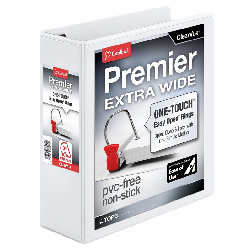 Cardinal Premier Easy Open Extra-Wide 3-Ring Binder, 3", ONE-TOUCH Easy Open Locking Slant-D Rings, 650-Sheet Capacity, ClearVue Cover, White (13330)