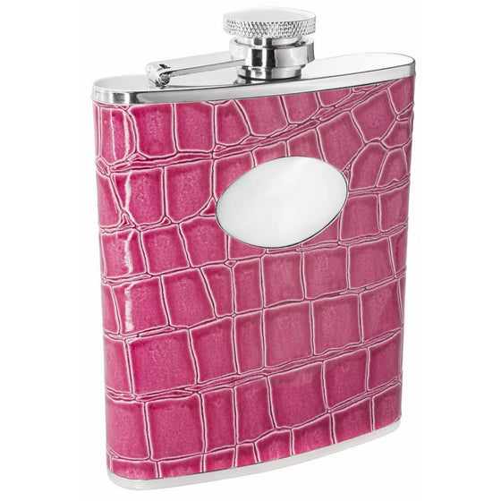 Visol "Blush" Crocodile Leather Stainless Steel Flask, 6-Ounce, Pink