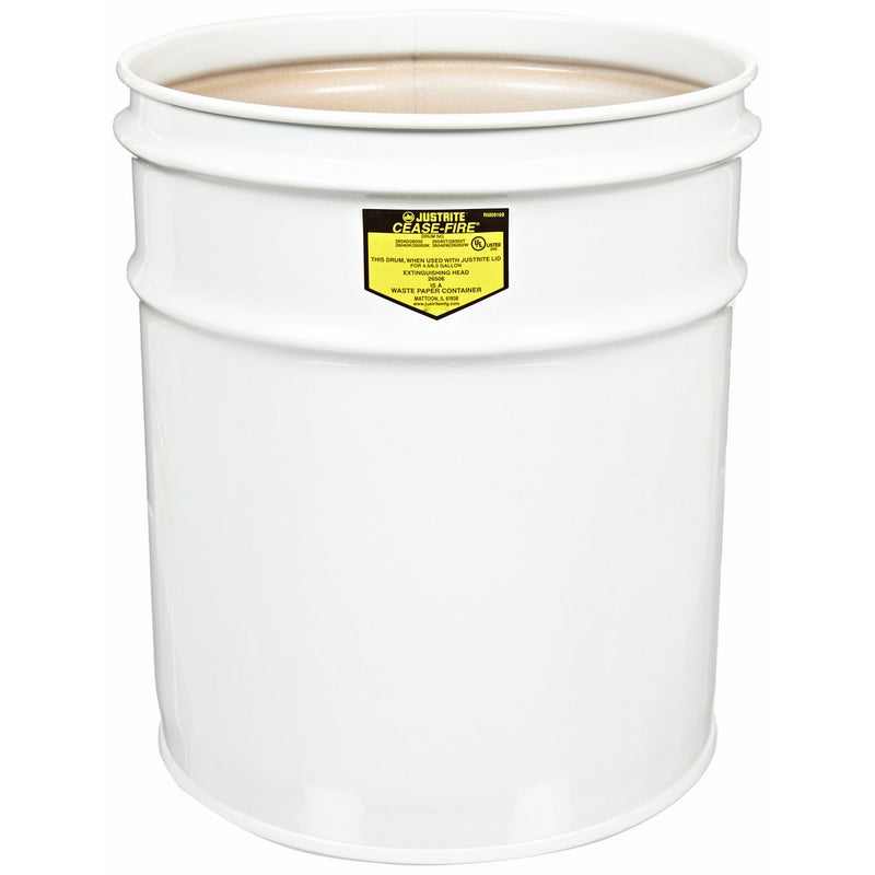 Justrite 26040W Cease-Fire Steel Drum, 4.5 Gallon Capacity, 11-7/8" OD x 13-1/4" Height, White