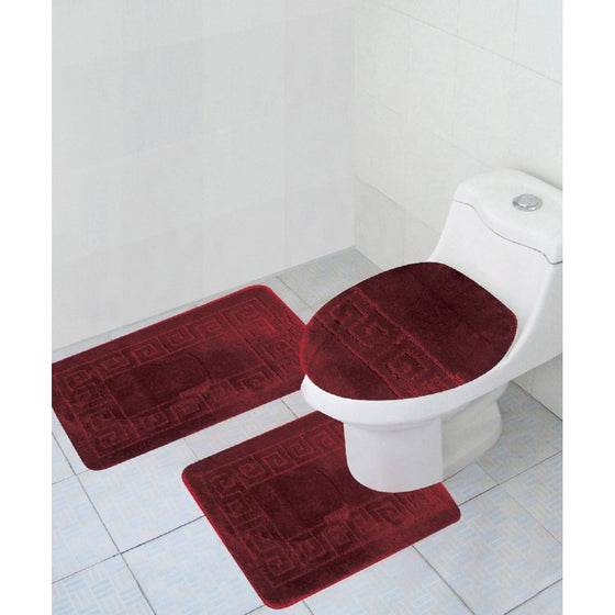 3 Piece Bath Rug Set Pattern Bathroom Rug (20"x32")/large Contour Mat (20"x20") with Lid Cover (Burgundy)