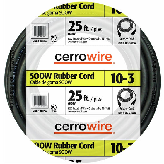 Cerrowire 283-3803A 25-Feet 10/3 SOOW Rubber Flexible Extra Heavy Duty Cord, Black