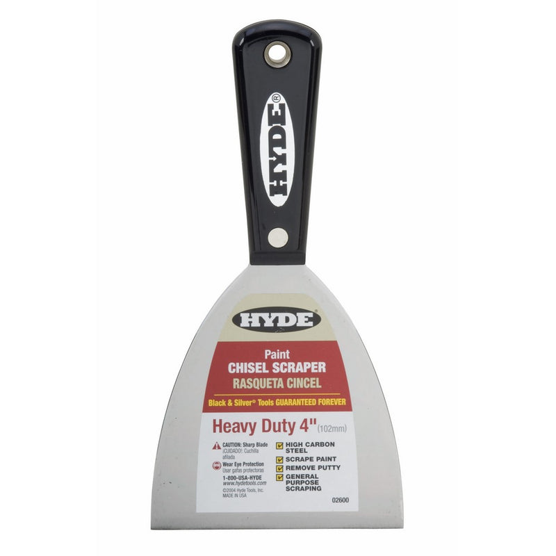 Hyde Tools 02600 4-Inch Xtra Heavy Duty Stiff Chisel Scraper, Black and Silver