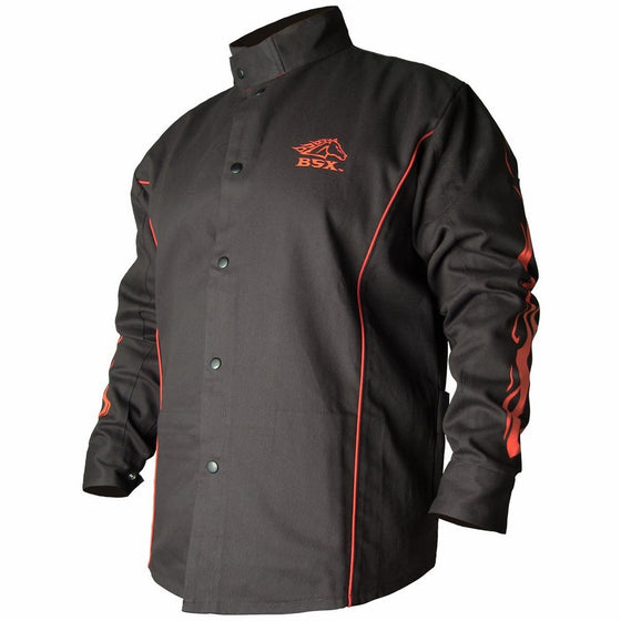 BLACK STALLION BSX FR Welding Jacket - Black w/Red Flames - MEDIUM