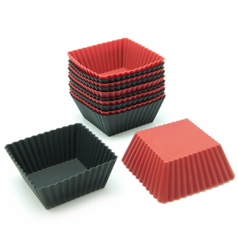 Freshware CB-306RB 12-Pack Silicone Square Reusable Cupcake and Muffin Baking Cup, Black and Red Colors