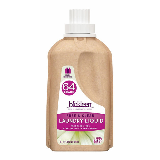 Biokleen Laundry Liquid, Free & Clear, 32 oz - 64 HE Loads/32 Standard Loads