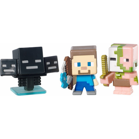 Mattel Minecraft Collectible Figures Zombie Pigman, Wither and Fishing Steve 3-Pack, Series 2
