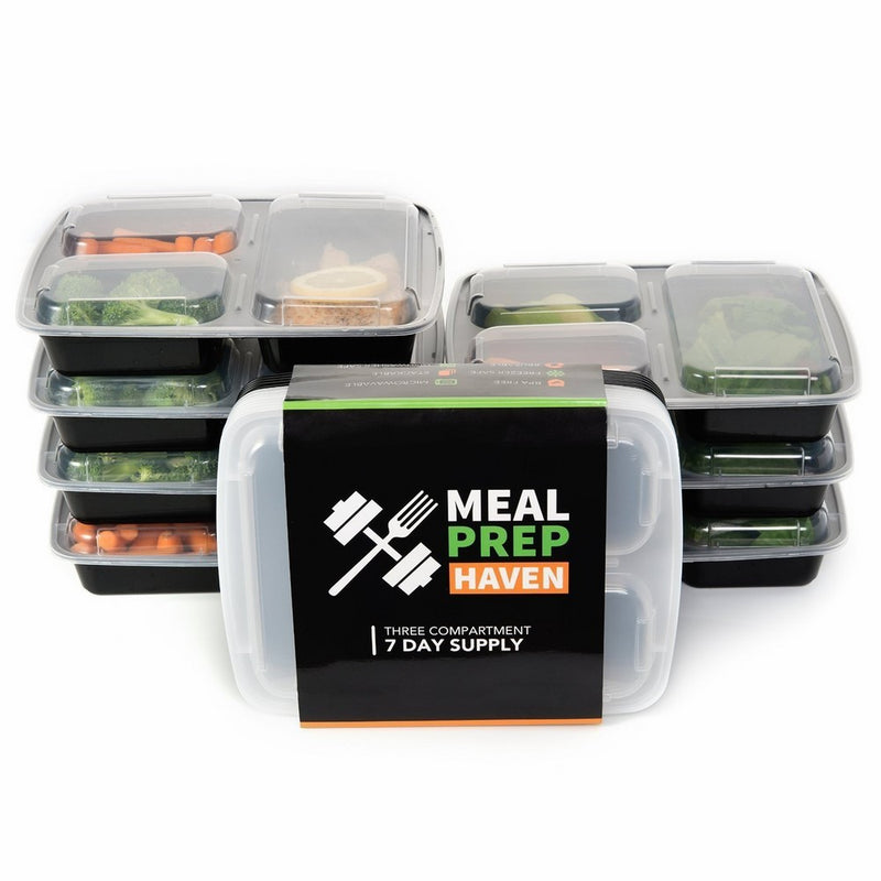 Meal Prep Haven 3 Compartment Food Containers with Airtight Lid, Bento Box, Fitness Lunch Box for Meal Prep, 21 Day Fix and Portion Control, Set of 7