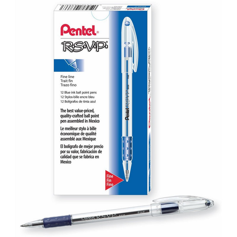 Pentel R.S.V.P. Ballpoint Pen, 0.7mm Fine Tip, Blue Ink, Box of 12 (BK90-C)