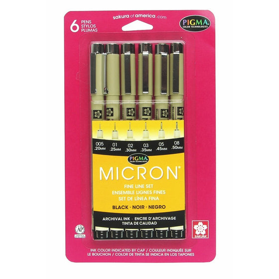 Sakura Pigma 30062 Micron Blister Card Ink Pen Set, Black, Ass't Point Sizes 6CT Set