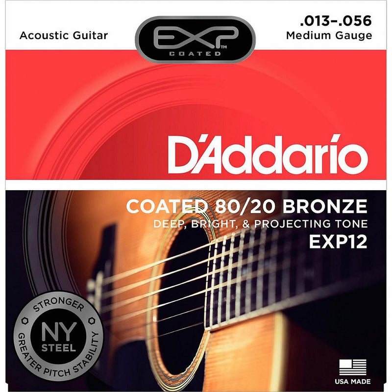 D'Addario EXP12 with NY Steel 80/20 Bronze Acoustic Guitar Strings, Coated Medium, 13-56