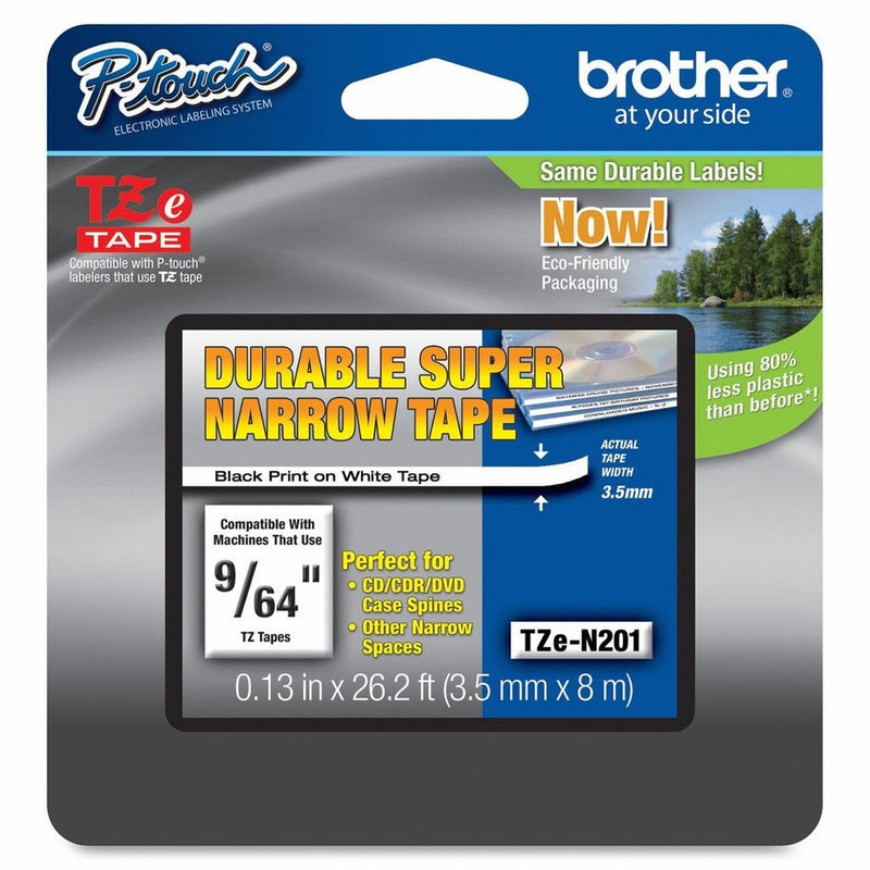 Brother Non-Laminated 9/64 Inch Tape in Retail Packaging, Black on White (TZeN201)