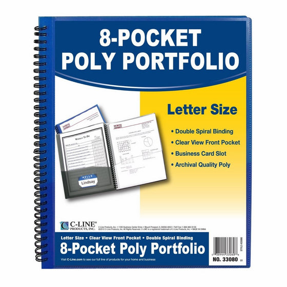 C-Line 8-Pocket Spiral-Bound Poly Portfolio, Letter Size, 1 Portfolio, Color May Vary (33080)