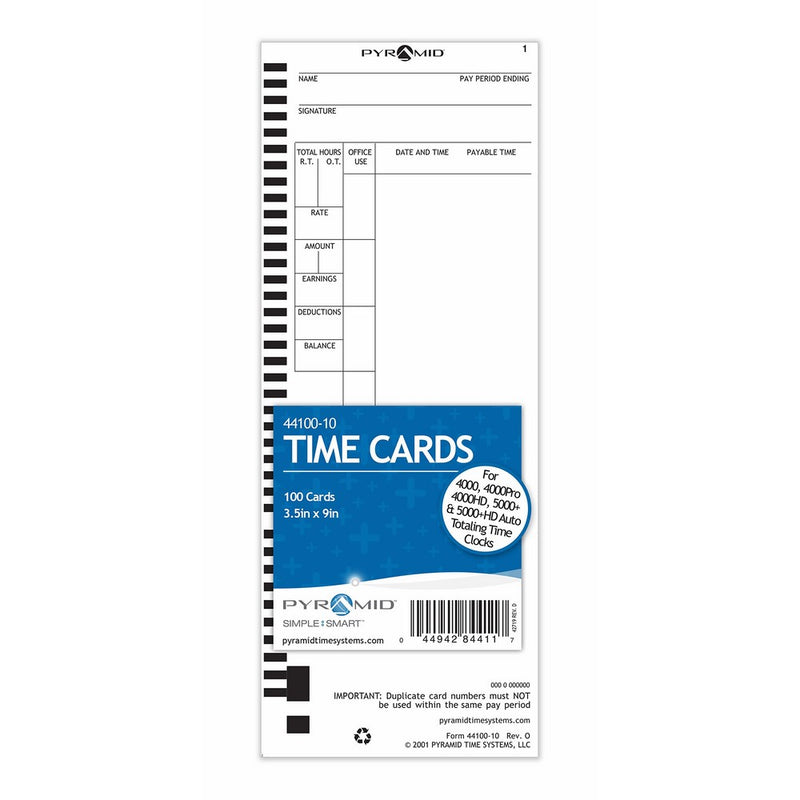 Pyramid 44100-10 Genuine Time Cards for 4000, 4000Pro, 4000HD, 5000 and 5000HD Auto Totaling Time Clocks (Pack of 100)