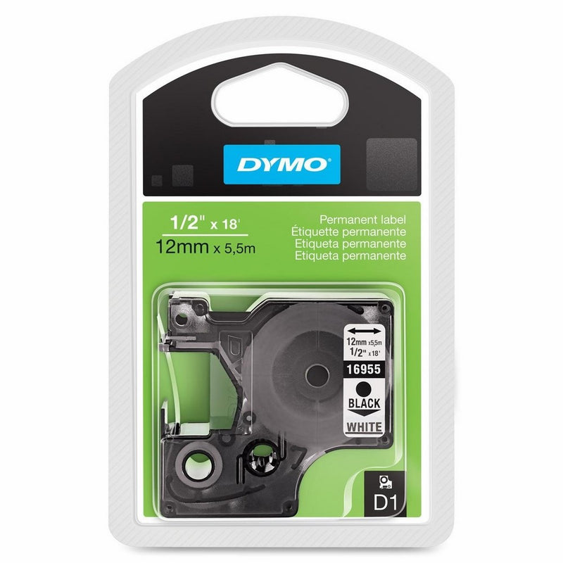 Dymo(R) Model 16955 Black-On-White Permanent Plastic Tape, 1/2in. x 18ft.