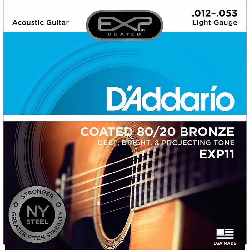 D'Addario EXP11 with NY Steel Acoustic Guitar Strings, 80/20, Coated, Light, 12-53