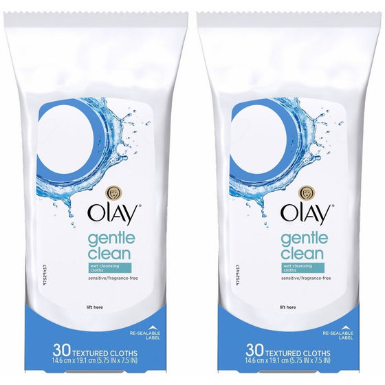 OLAY Wet Cleansing Cloths Gentle Clean, Sensitive/Fragrance-Free 30 Ea ( Pack of 2)