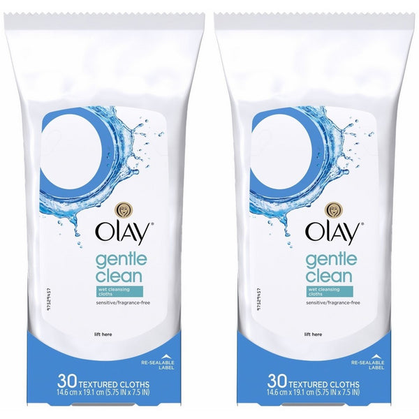 OLAY Wet Cleansing Cloths Gentle Clean, Sensitive/Fragrance-Free 30 Ea ( Pack of 2)