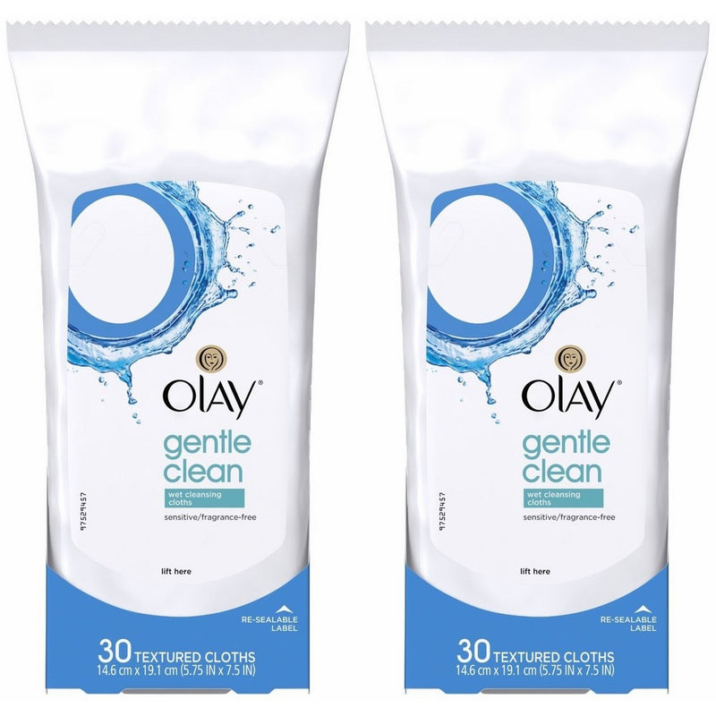 OLAY Wet Cleansing Cloths Gentle Clean, Sensitive/Fragrance-Free 30 Ea ( Pack of 2)