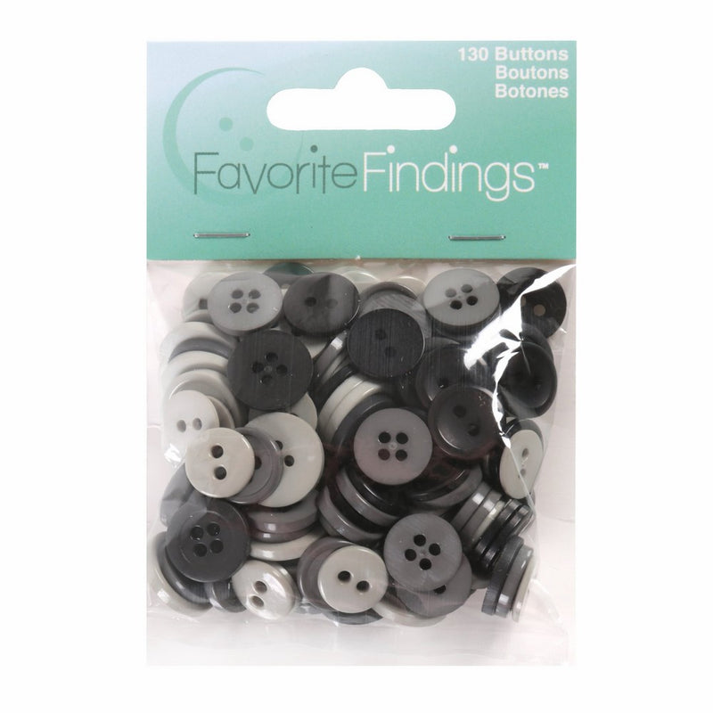 Favorite Findings Round Buttons, Value Pack of 130, Various Styles and Sizes - Various Shades of Grey & Pearlized
