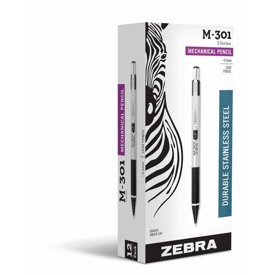 ZEBRA M-301 Mechanical Pencil, 0.5 mm, Stainless Steel with Black Accents Barrel, Dozen (54010)