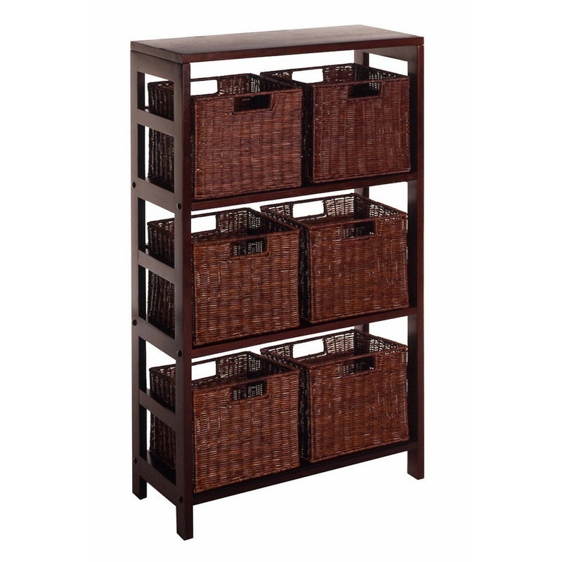 Winsome Wood Leo Wood 4 Tier Shelf with 6 Rattan Baskets in Espresso Finish