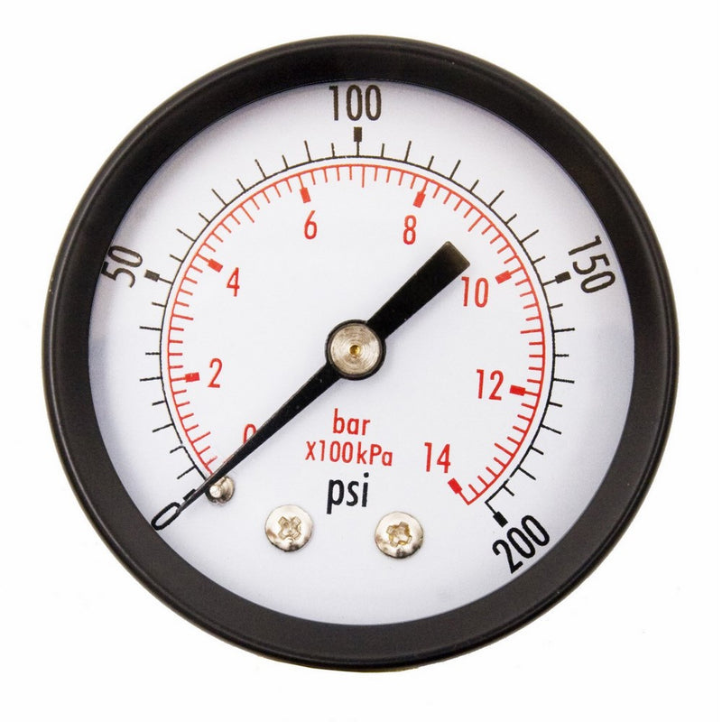 2" Dial Utility Pressure Gauge for Air Compressor Water Oil Gas, 1/4" NPT Center Back Mount, Black Steel Case, 0-200 PSI