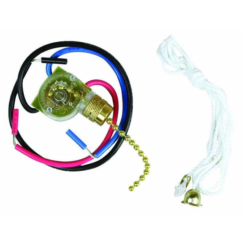 Jandorf 60305 Fan Light Pull Chain Switch 3-Way 3 Wire Terminals Brass Chain