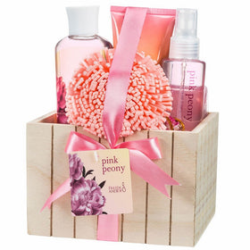 Bath and body Gift Set Relaxing Summer Pink Peony Fragrance Aromatherapy Home Spa with Skincare Body Lotion, Shower Gel, Bubble Bath, Body Spray, Bath Sponge in a Natural Wood Box Perfect Gift Basket