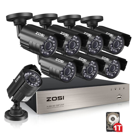 ZOSI 8-Channel 1080N HD Video Security System CCTV DVR 1TB Hard Drive 8 Indoor/Outdoor 1.0MP 1280TVL Weatherproof Surveillance Security Camera System