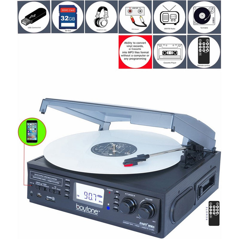 Boytone BT-19DJB-C 3-speed Turntable, 2 Built in Speakers Large Digital Display AM/FM, Cassette, USB/SD/AUX/MP3, Recorder & WMA Playback /Recorder & Headphone Jack Remote Control