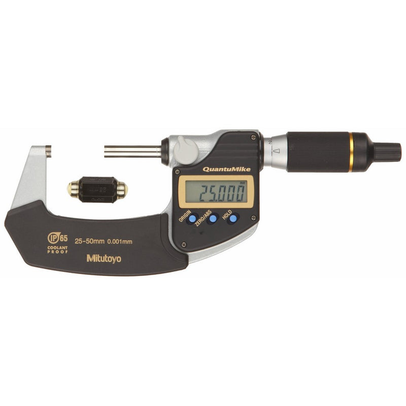 Mitutoyo 293-146 QuantuMike Coolant Proof LCD Micrometer, IP65, Ratchet Thimble, 25-50mm Range, 0.001mm Graduation, /-0.001mm Accuracy, SPC Output