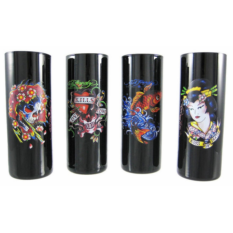 Set Of 4 Ed Hardy "Multi" Tattoo Black Shooter Glasses