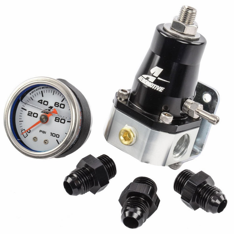 Aeromotive 13130 Regulator and Fitting Kit, 13129 EFI Bypass Regulator w/(3) 15606 Fittings and (1) 15633 Pressure Gauge