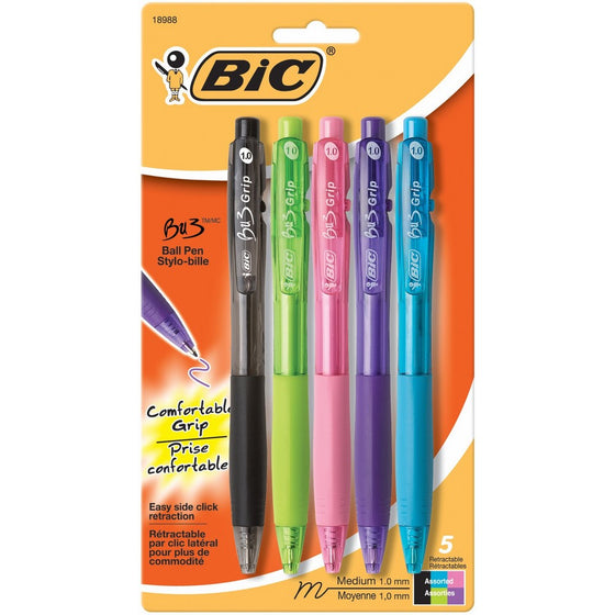 BIC BU3 Retractable Ball Pen, Medium Point (1.0 mm), Assorted Colors, 5-Count