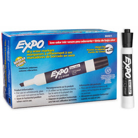 Expo 80001 Low Odor Chisel Point Dry Erase Markers, Low Odor Alcohol-Based Ink, Designed for Whiteboards, Glass and Most Non-Porous Surfaces, Black, 12 Units per Box, Pack of 1 Box